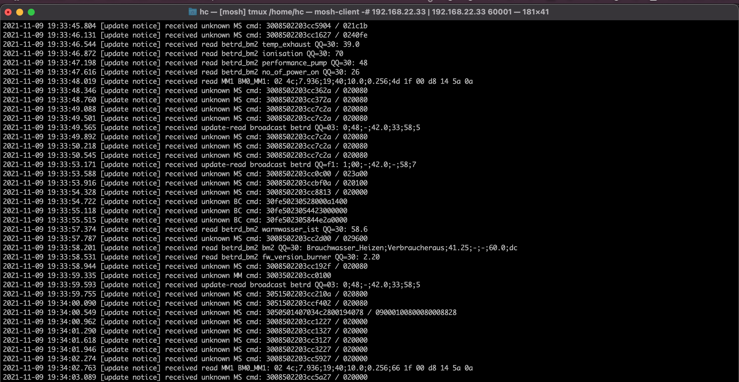 Die Datenpakete des Heizungssystems, vom eBus zum Zeitpunkt des Eintreffens dekodiert